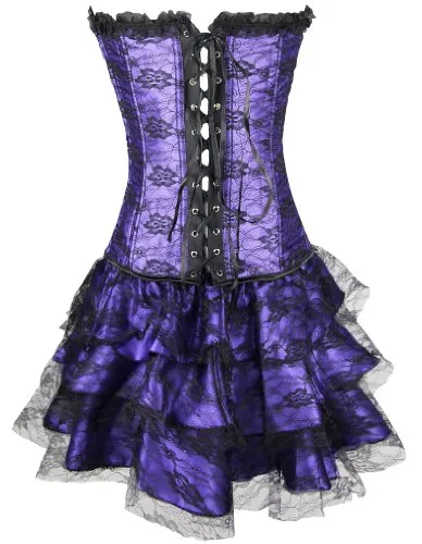 EUDOLAH Sexy Corset Gothic Boned Dress Bustier Clubwear Lingerie Set for Women (UK Size 6-8 (S), Black)