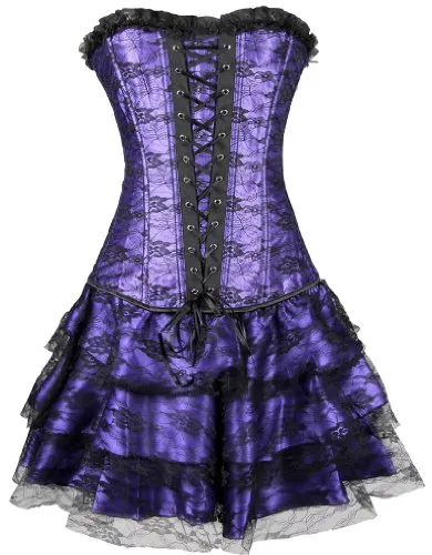 EUDOLAH Sexy Corset Gothic Boned Dress Bustier Clubwear Lingerie Set for Women (UK Size 6-8 (S), Black)