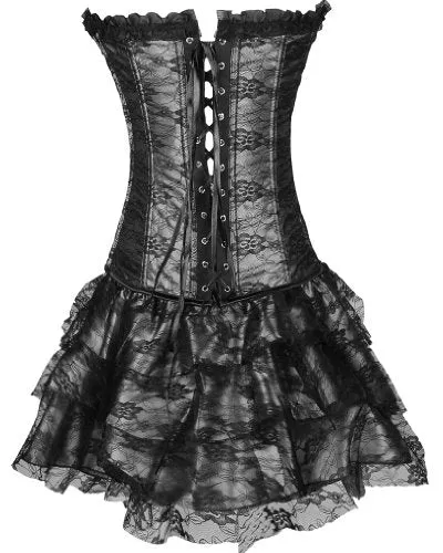 EUDOLAH Sexy Corset Gothic Boned Dress Bustier Clubwear Lingerie Set for Women (UK Size 6-8 (S), Black)