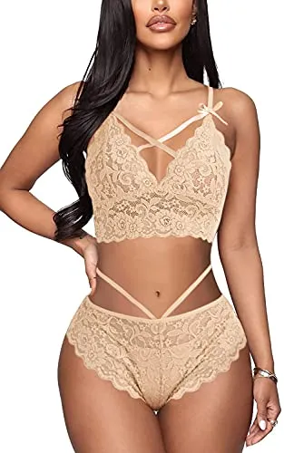 EVELIFE Sexy Lingerie Set for Women Naughty Bra and Panty Sets Floral Lace Cross Strap Bras Knickers (White M)
