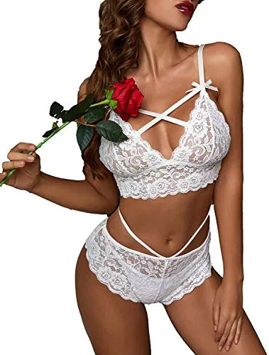 EVELIFE Sexy Lingerie Set for Women Naughty Bra and Panty Sets Floral Lace Cross Strap Bras Knickers (White M)