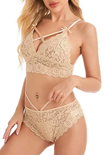 EVELIFE Sexy Lingerie Set for Women Naughty Bra and Panty Sets Floral Lace Cross Strap Bras Knickers (White M)