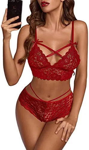 EVELIFE Sexy Lingerie Set for Women Naughty Bra and Panty Sets Floral Lace Cross Strap Bras Knickers (White M)