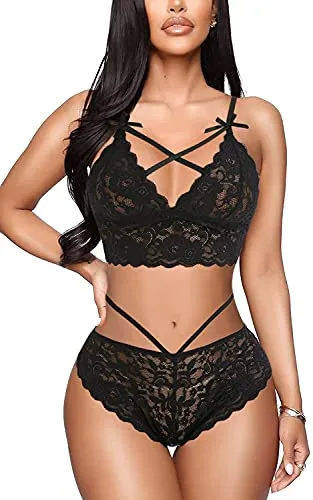 EVELIFE Sexy Lingerie Set for Women Naughty Bra and Panty Sets Floral Lace Cross Strap Bras Knickers (White M)