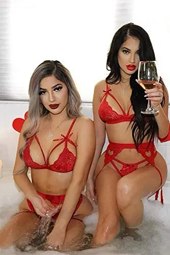EVELIFE Women Lace Lingerie Set with Garter Belt 3 Pieces, Sexy Lace Bra and Panties Set Strappy Teddy Babydoll Nightwear