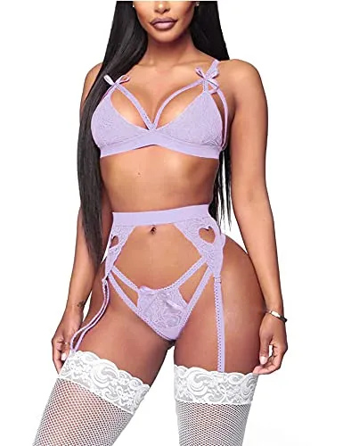 EVELIFE Women Lace Lingerie Set with Garter Belt 3 Pieces, Sexy Lace Bra and Panties Set Strappy Teddy Babydoll Nightwear