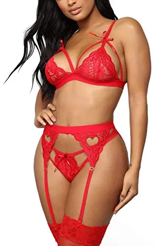 EVELIFE Women Lace Lingerie Set with Garter Belt 3 Pieces, Sexy Lace Bra and Panties Set Strappy Teddy Babydoll Nightwear