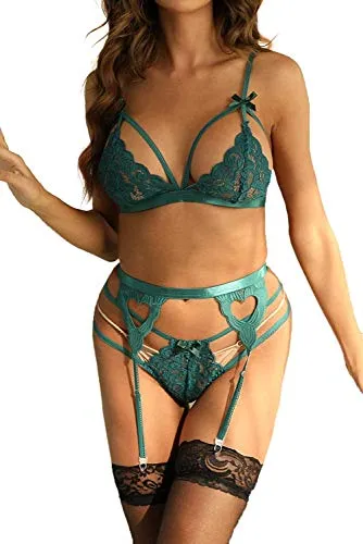 EVELIFE Women Lace Lingerie Set with Garter Belt 3 Pieces, Sexy Lace Bra and Panties Set Strappy Teddy Babydoll Nightwear