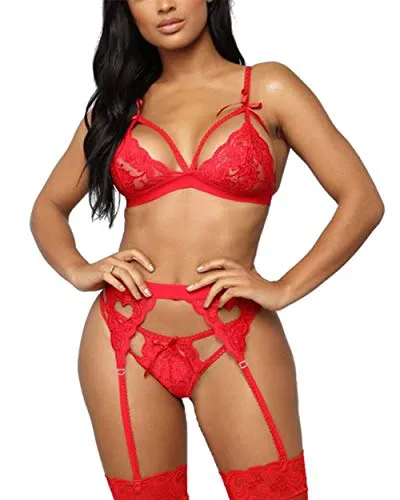 EVELIFE Women Lace Lingerie Set with Garter Belt 3 Pieces, Sexy Lace Bra and Panties Set Strappy Teddy Babydoll Nightwear