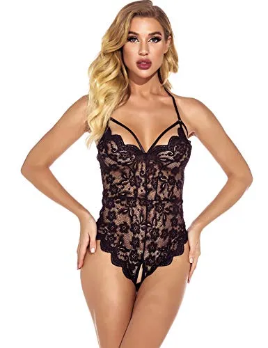 EVELIFE Women Sexy Lingerie Lace Bodysuit One Piece Teddy Lingerie Transparent Deep V Bodysuit Lingerie
