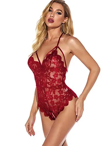 EVELIFE Women Sexy Lingerie Lace Bodysuit One Piece Teddy Lingerie Transparent Deep V Bodysuit Lingerie