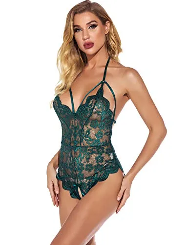 EVELIFE Women Sexy Lingerie Lace Bodysuit One Piece Teddy Lingerie Transparent Deep V Bodysuit Lingerie