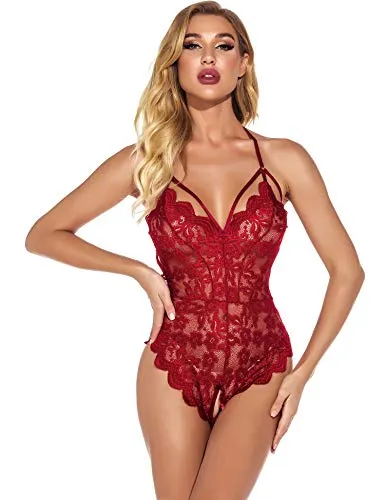 EVELIFE Women Sexy Lingerie Lace Bodysuit One Piece Teddy Lingerie Transparent Deep V Bodysuit Lingerie