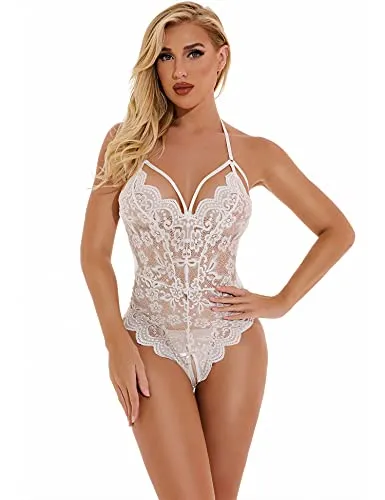EVELIFE Women Sexy Lingerie Lace Bodysuit One Piece Teddy Lingerie Transparent Deep V Bodysuit Lingerie