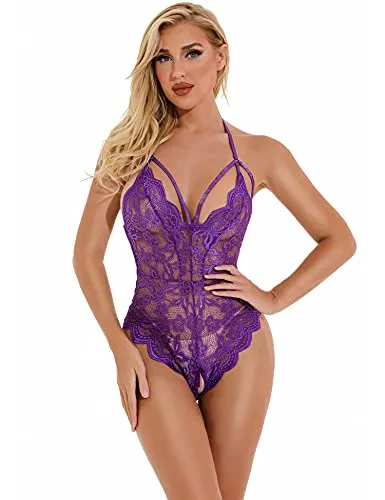 EVELIFE Women Sexy Lingerie Lace Bodysuit One Piece Teddy Lingerie Transparent Deep V Bodysuit Lingerie