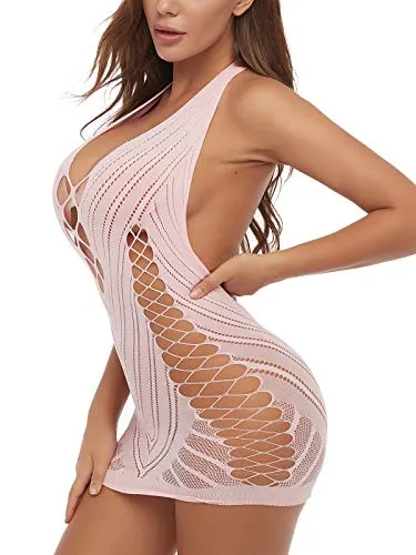 Fishnet Lingerie Chemise Halter Nightwear Mini Teddy Dress, Pink One size