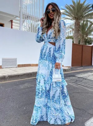Floral Print Long Sleeve Cut Out Maxi Dress
