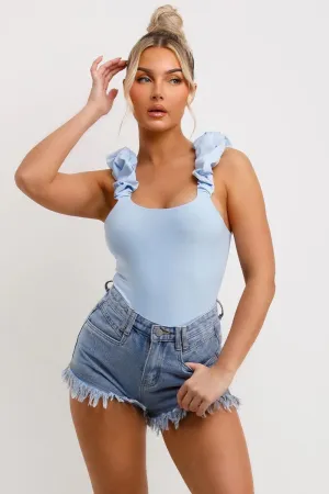 FRILL STRAP HALF SLEEVE RIBBED BODYSUIT BLUE