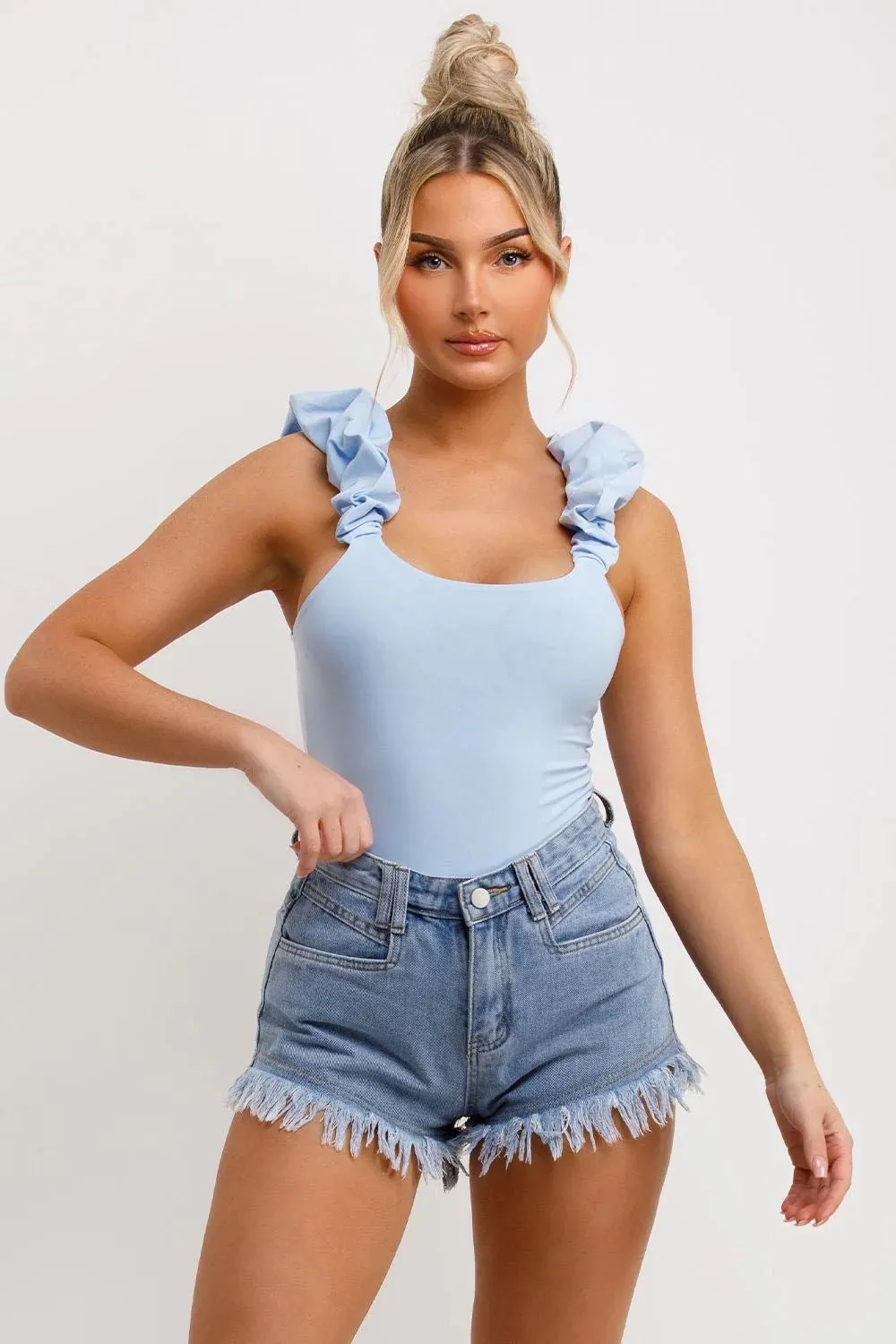 FRILL STRAP HALF SLEEVE RIBBED BODYSUIT BLUE