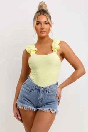 FRILL STRAP HALF SLEEVE RIBBED BODYSUIT YELLOW