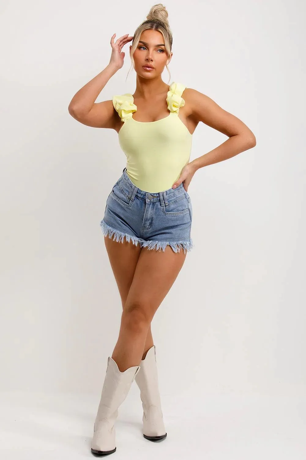 FRILL STRAP HALF SLEEVE RIBBED BODYSUIT YELLOW
