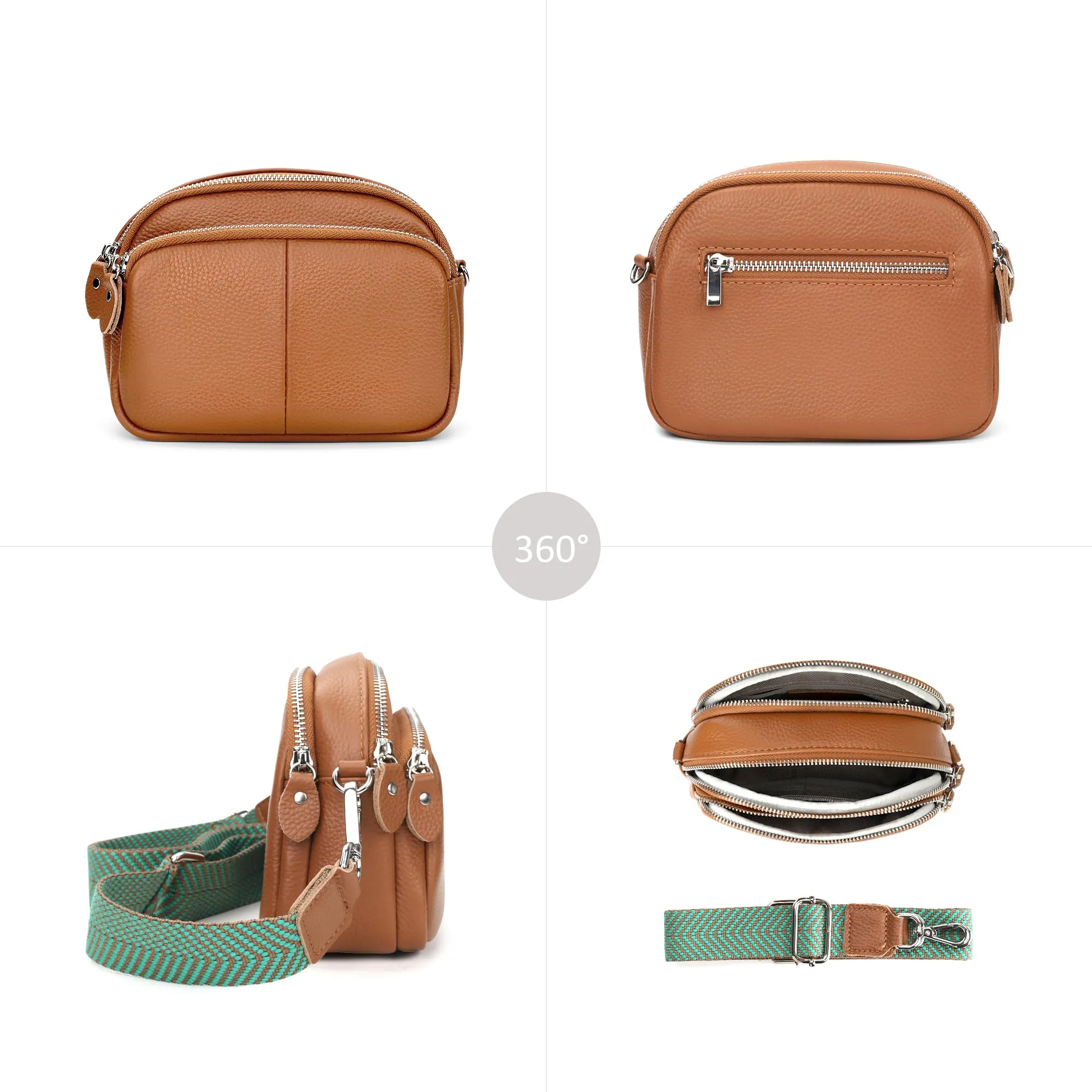Genuine Leather Crossbody Bag for Women Small Handbags Double Pockets Mobile Phone Shoulder Purse-Beige Gray