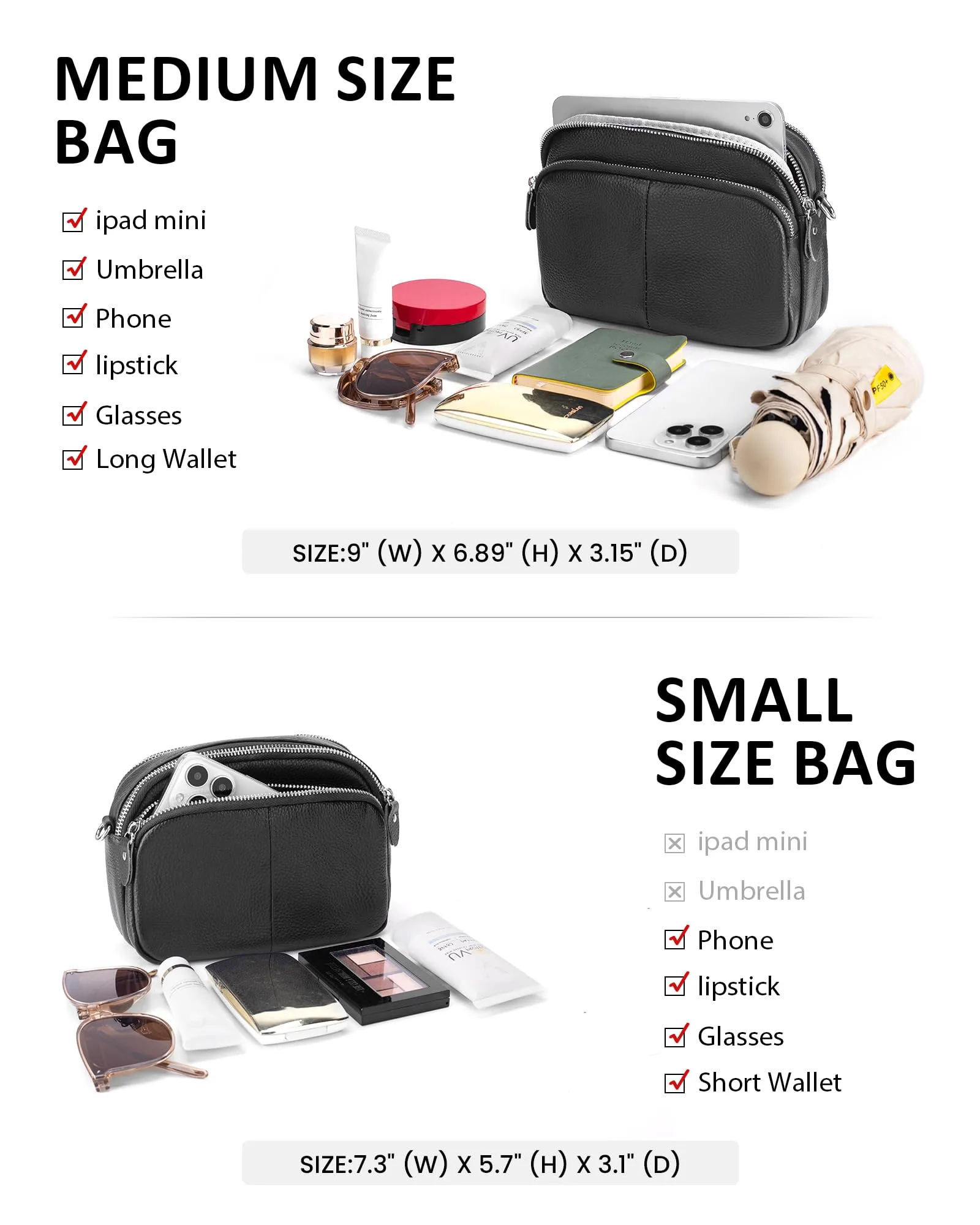 Genuine Leather Crossbody Bag for Women Small Handbags Double Pockets Mobile Phone Shoulder Purse-Beige Gray