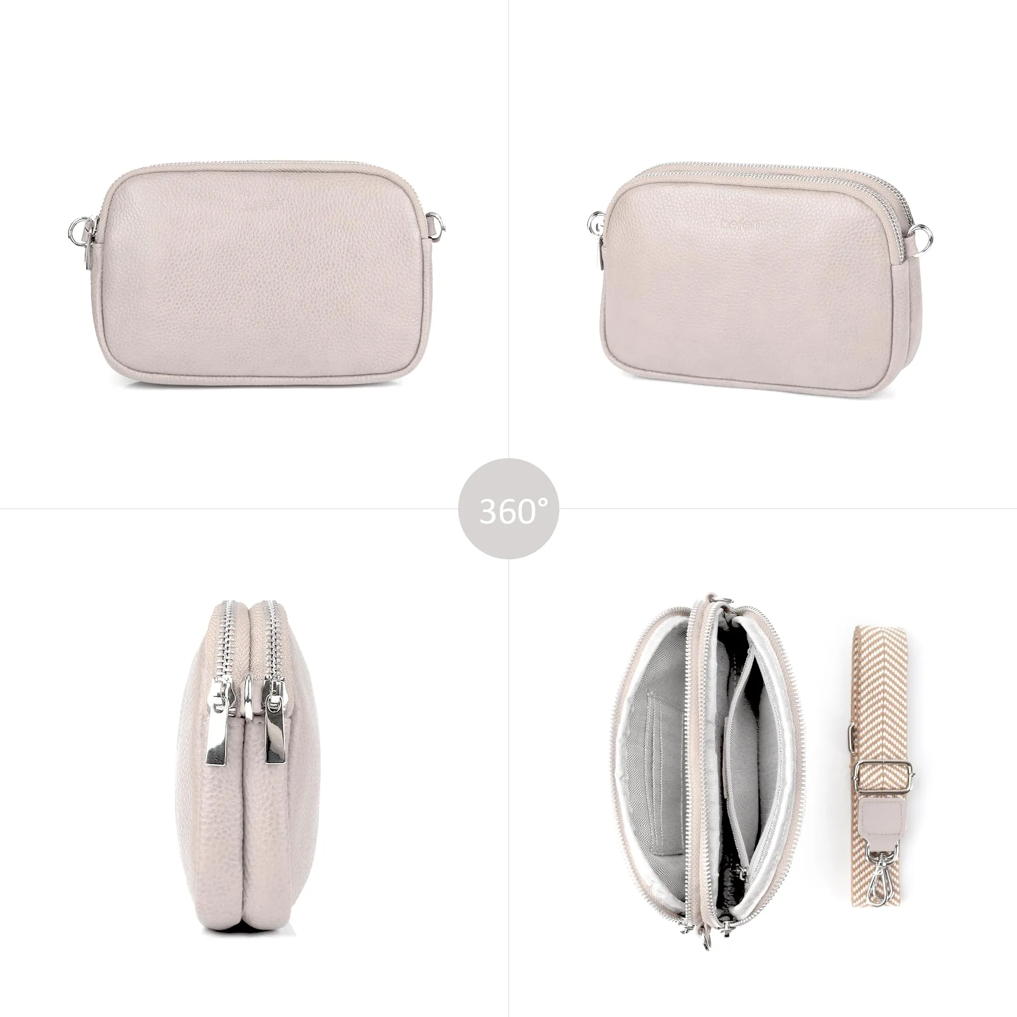 Genuine Leather Crossbody Bag for Women Small Handbags Double Pockets Mobile Phone Shoulder Purse-Beige Gray