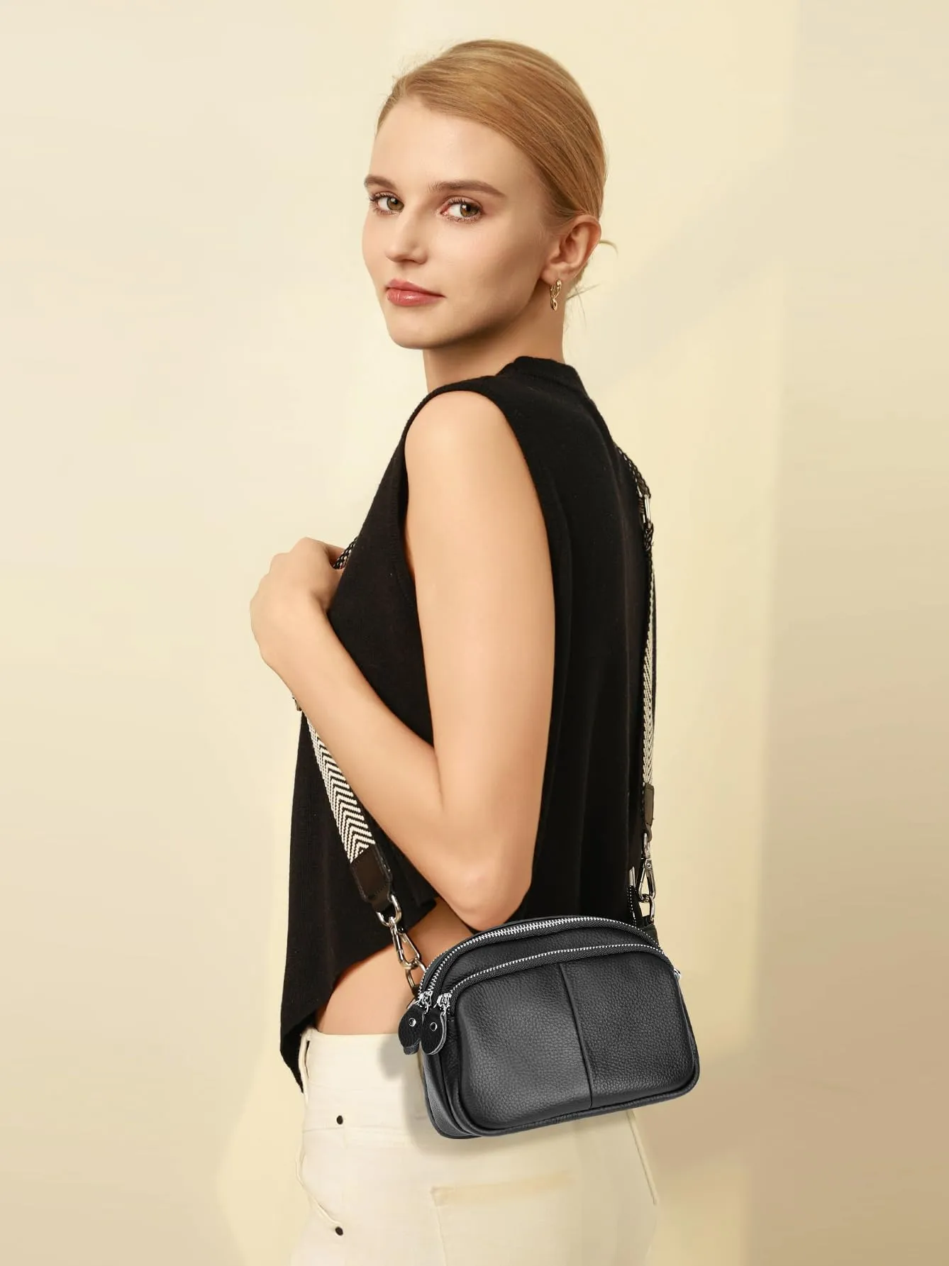 Genuine Leather Crossbody Bag for Women Small Handbags Double Pockets Mobile Phone Shoulder Purse-Beige Gray
