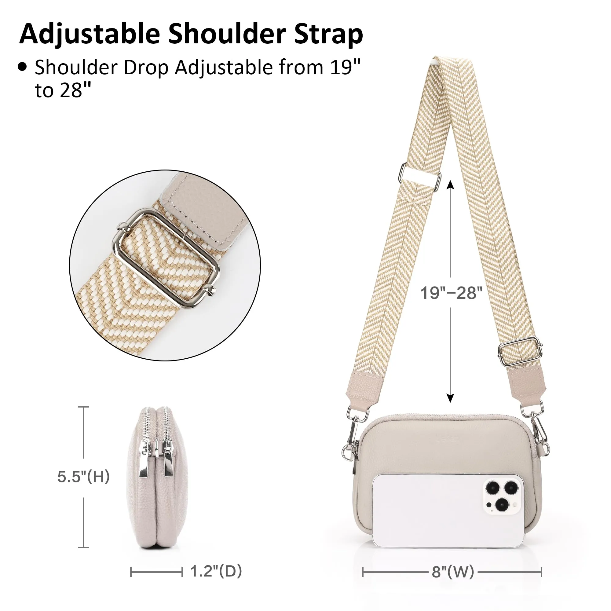 Genuine Leather Crossbody Bag for Women Small Handbags Double Pockets Mobile Phone Shoulder Purse-Beige Gray