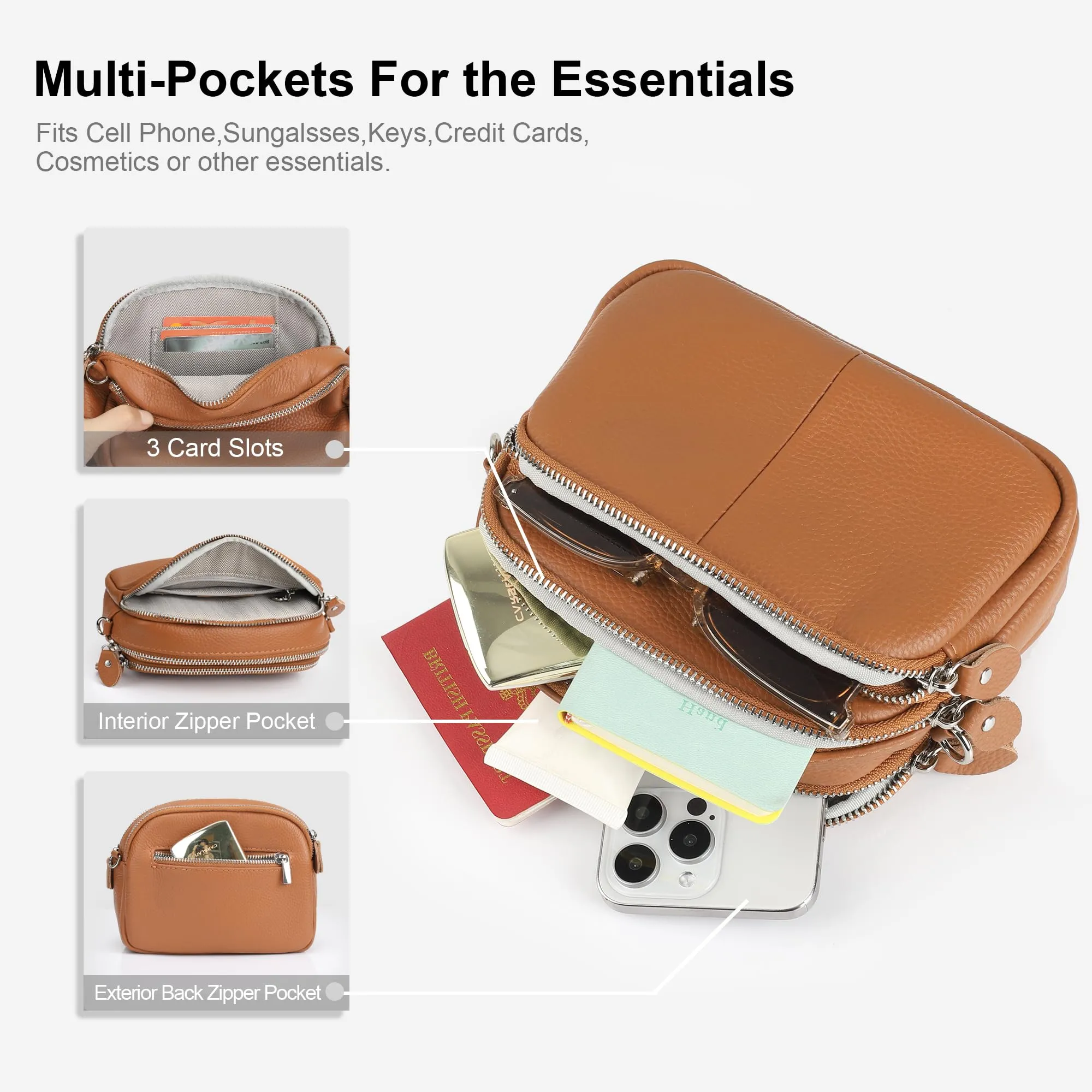 Genuine Leather Crossbody Bag for Women Small Handbags Double Pockets Mobile Phone Shoulder Purse-Beige Gray
