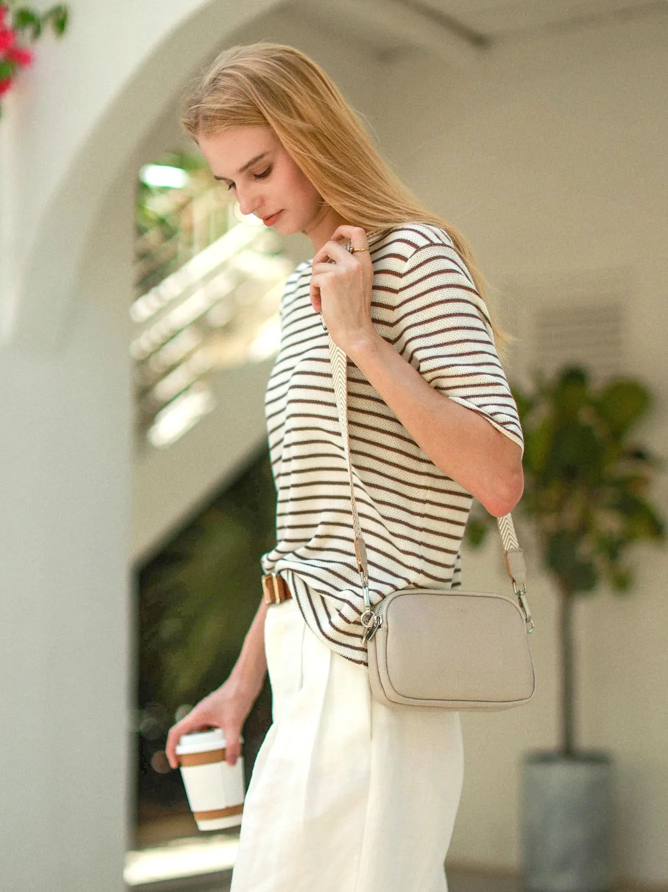 Genuine Leather Crossbody Bag for Women Small Handbags Double Pockets Mobile Phone Shoulder Purse-Beige Gray
