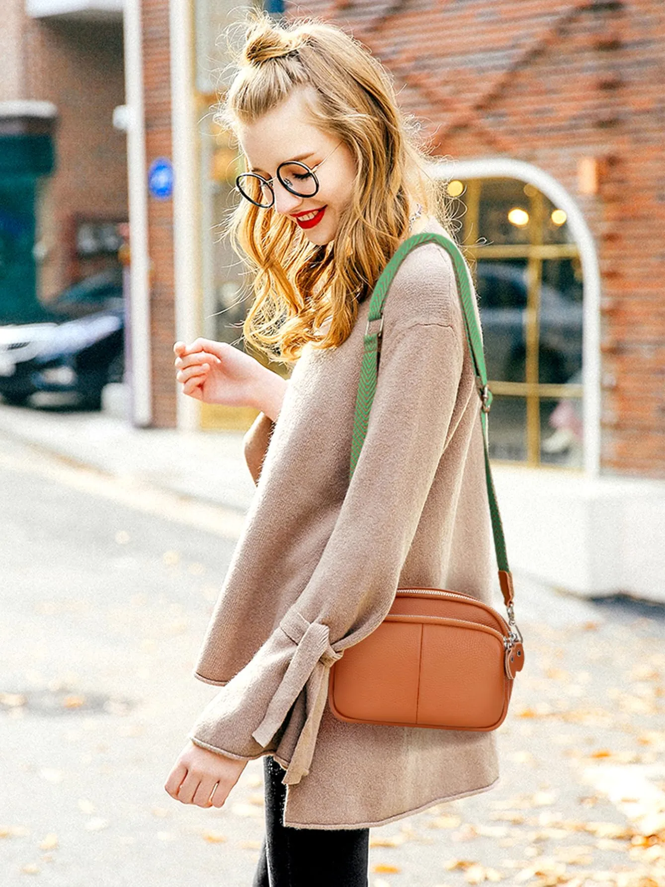Genuine Leather Crossbody Bag for Women Small Handbags Double Pockets Mobile Phone Shoulder Purse-Beige Gray