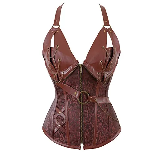 Grebrafan Halter Leather Corset with Pirate Skirt and Blouse 3 Piece Costume