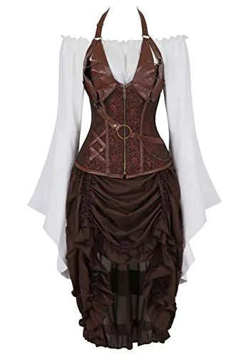 Grebrafan Halter Leather Corset with Pirate Skirt and Blouse 3 Piece Costume