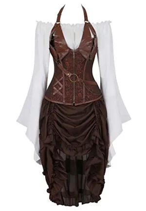 Grebrafan Halter Leather Corset with Pirate Skirt and Blouse 3 Piece Costume