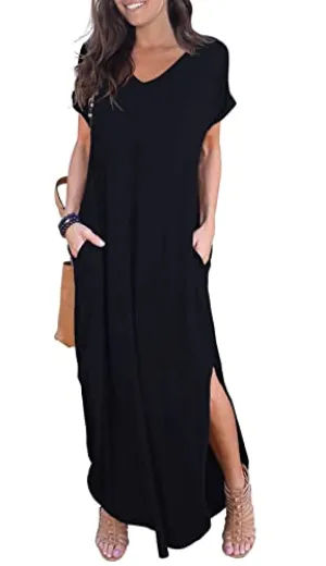 GRECERELLE Women Summer Maxi Casual Long Dress Loose Short Sleeve Floral Print Maxi Dresses with Pocket