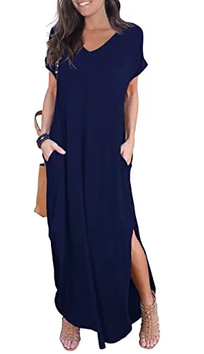 GRECERELLE Women Summer Maxi Casual Long Dress Loose Short Sleeve Floral Print Maxi Dresses with Pocket