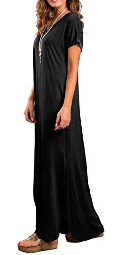 GRECERELLE Women Summer Maxi Casual Long Dress Loose Short Sleeve Floral Print Maxi Dresses with Pocket