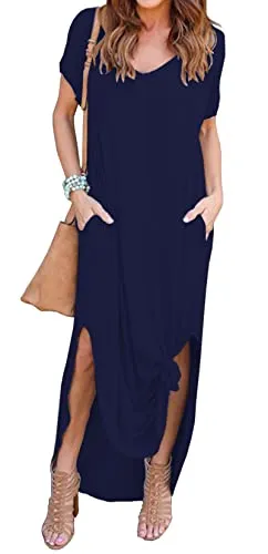 GRECERELLE Women Summer Maxi Casual Long Dress Loose Short Sleeve Floral Print Maxi Dresses with Pocket
