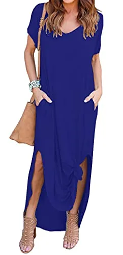 GRECERELLE Women Summer Maxi Casual Long Dress Loose Short Sleeve Floral Print Maxi Dresses with Pocket
