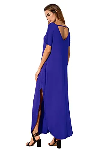 GRECERELLE Women Summer Maxi Casual Long Dress Loose Short Sleeve Floral Print Maxi Dresses with Pocket