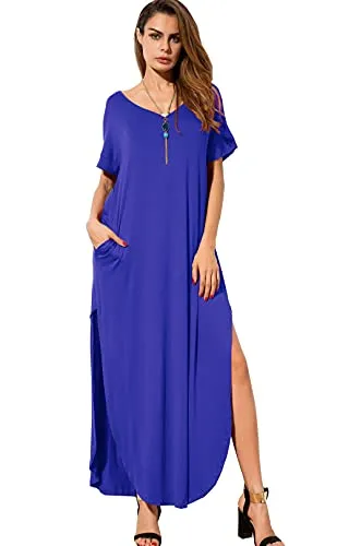 GRECERELLE Women Summer Maxi Casual Long Dress Loose Short Sleeve Floral Print Maxi Dresses with Pocket