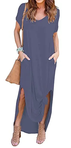 GRECERELLE Women Summer Maxi Casual Long Dress Loose Short Sleeve Floral Print Maxi Dresses with Pocket