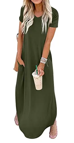 GRECERELLE Women Summer Maxi Casual Long Dress Loose Short Sleeve Floral Print Maxi Dresses with Pocket