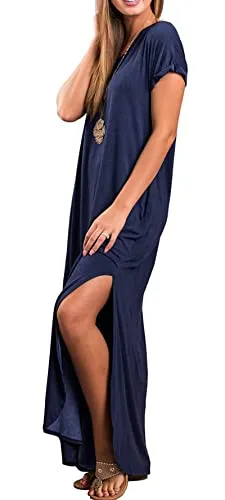GRECERELLE Women Summer Maxi Casual Long Dress Loose Short Sleeve Floral Print Maxi Dresses with Pocket