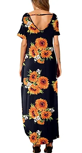 GRECERELLE Women Summer Maxi Casual Long Dress Loose Short Sleeve Floral Print Maxi Dresses with Pocket