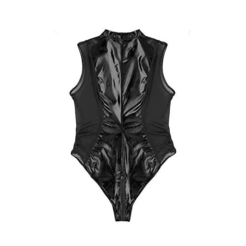 iixpin Women Wetlook Patent Leather See Through Mesh Splice Zipper Open Crotch High Cut Thong Bodysuit Swimsuit Black Medium
