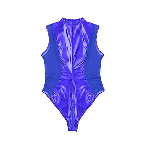 iixpin Women Wetlook Patent Leather See Through Mesh Splice Zipper Open Crotch High Cut Thong Bodysuit Swimsuit Black Medium