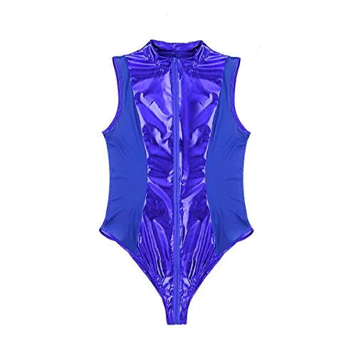 iixpin Women Wetlook Patent Leather See Through Mesh Splice Zipper Open Crotch High Cut Thong Bodysuit Swimsuit Black Medium